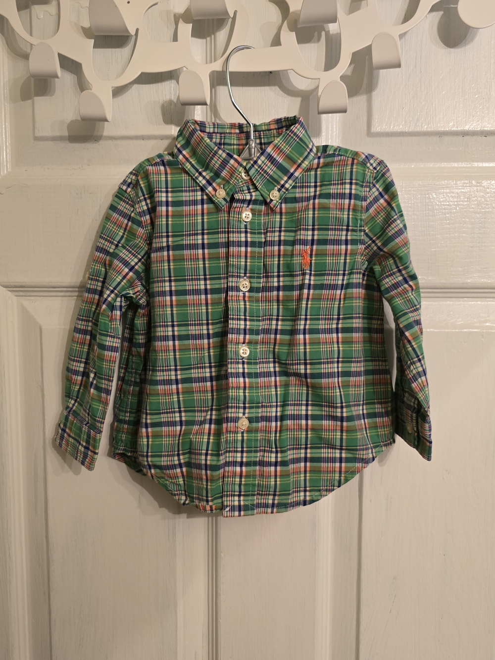 Ralph Lauren Green Plaid Button-Down Shirt with Orange Pony